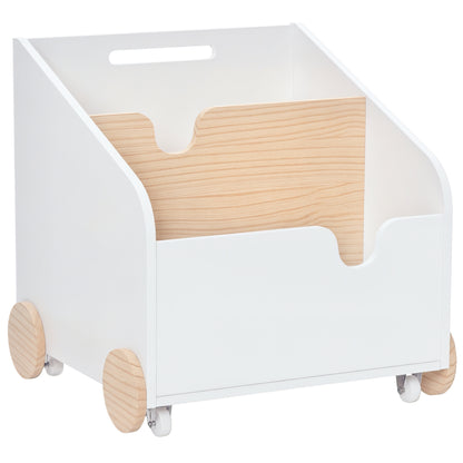 Wooden Toy Storage Box with 2 Sections, Wheels, Hollow Handle Children's Bookshelf with Wheels for Kids Room 40x43x43 cm White and Natural