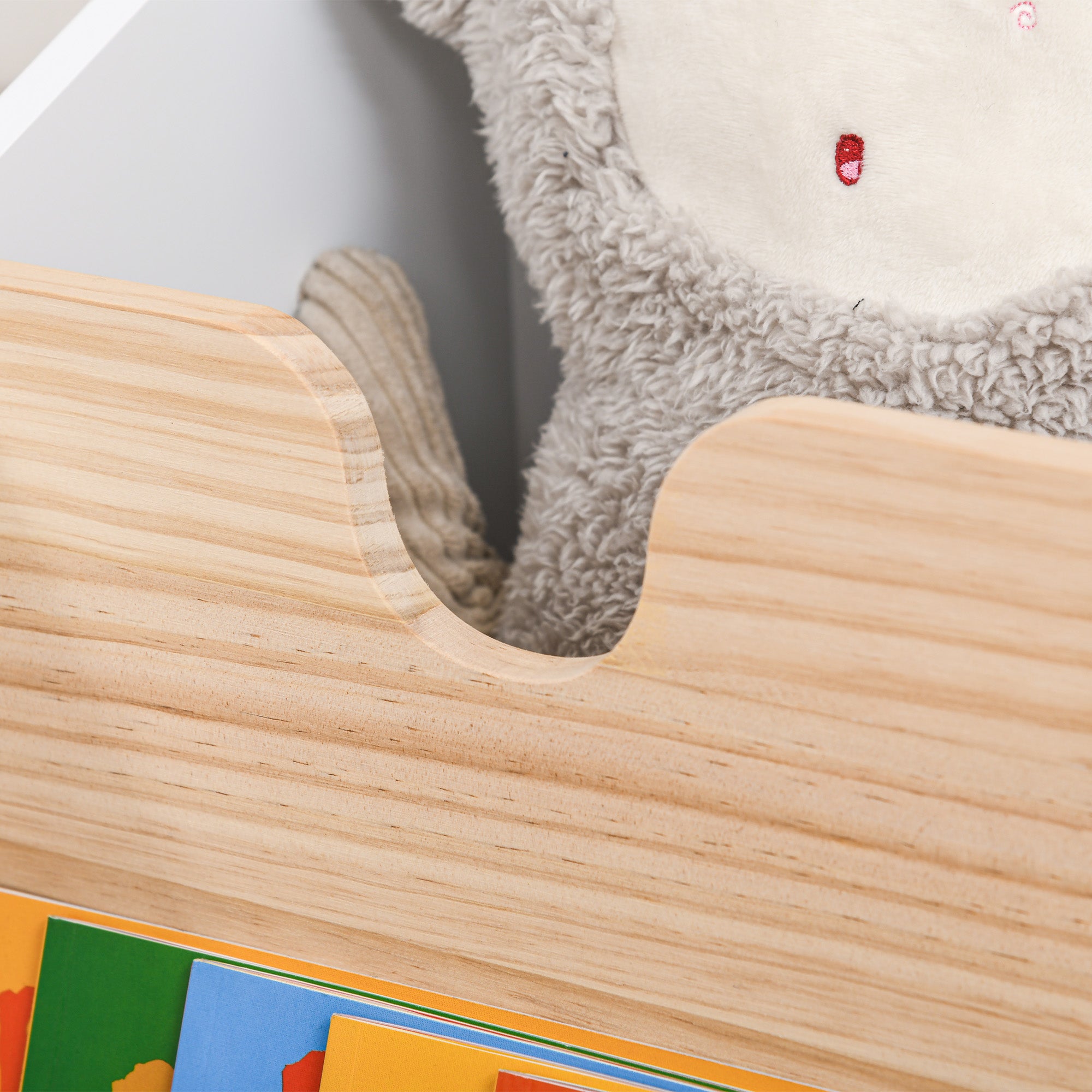 Wooden Toy Storage Box with 2 Sections, Wheels, Hollow Handle Children's Bookshelf with Wheels for Kids Room 40x43x43 cm White and Natural