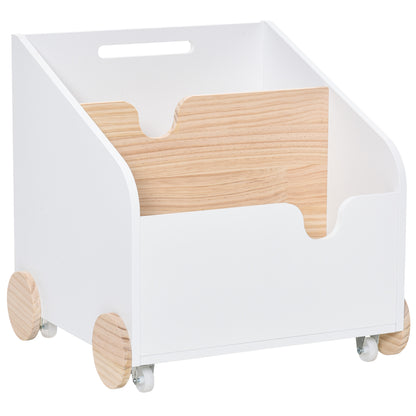 Wooden Toy Storage Box with 2 Sections, Wheels, Hollow Handle Children's Bookshelf with Wheels for Kids Room 40x43x43 cm White and Natural