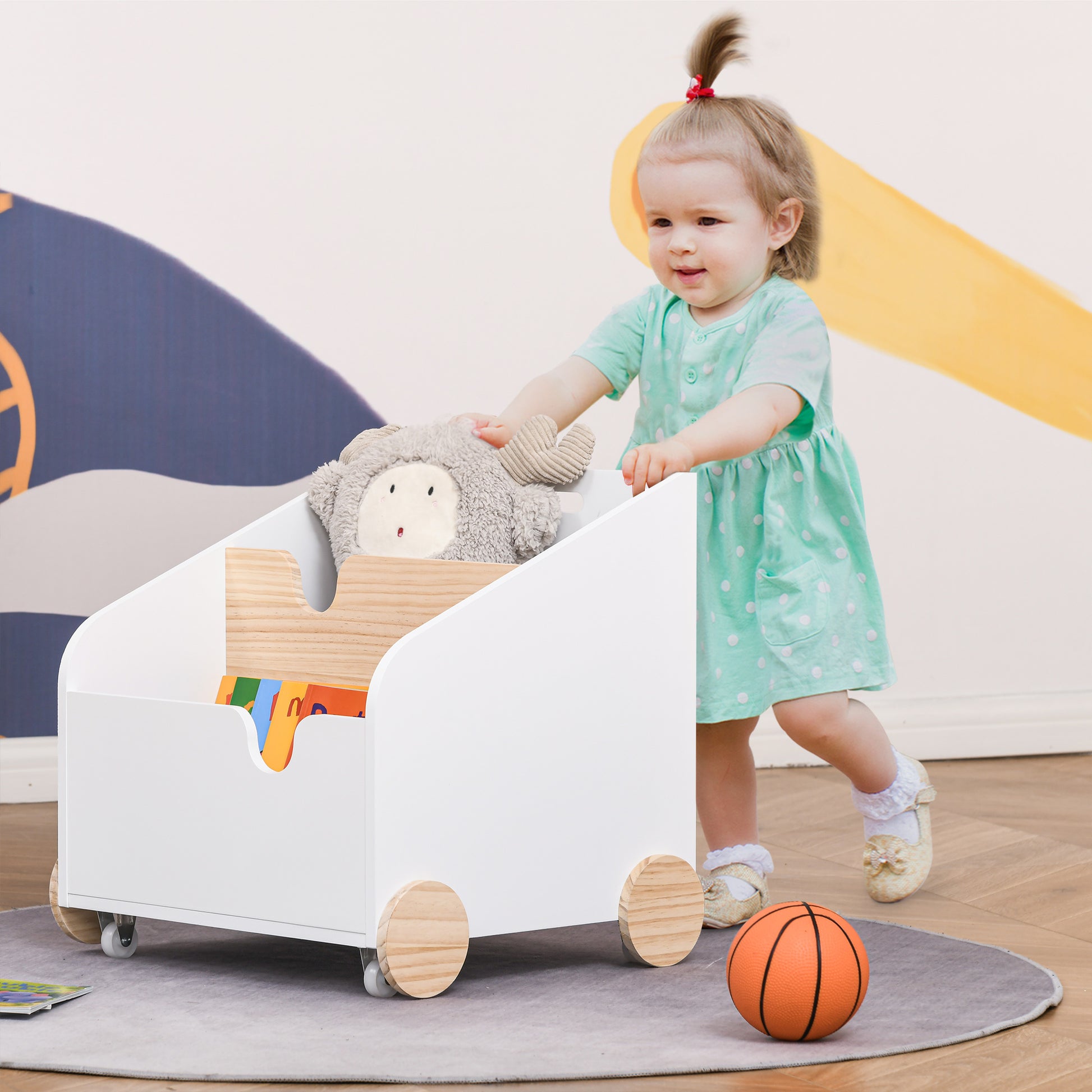 Wooden Toy Storage Box with 2 Sections, Wheels, Hollow Handle Children's Bookshelf with Wheels for Kids Room 40x43x43 cm White and Natural