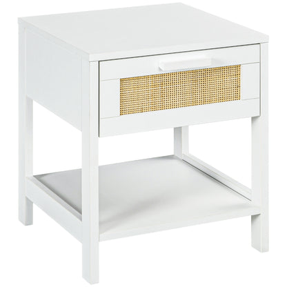 Bedside Table Nightstand with Drawer and Shelf, Rattan Cane, Dim. 40L x 40W x 48H cm White