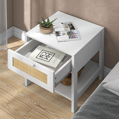 Bedside Table Nightstand with Drawer and Shelf, Rattan Cane, Dim. 40L x 40W x 48H cm White