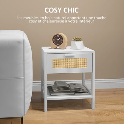Bedside Table Nightstand with Drawer and Shelf, Rattan Cane, Dim. 40L x 40W x 48H cm White