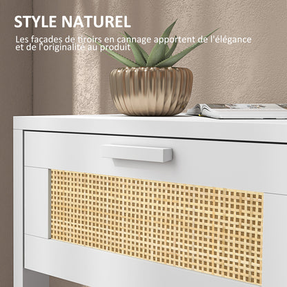Bedside Table Nightstand with Drawer and Shelf, Rattan Cane, Dim. 40L x 40W x 48H cm White