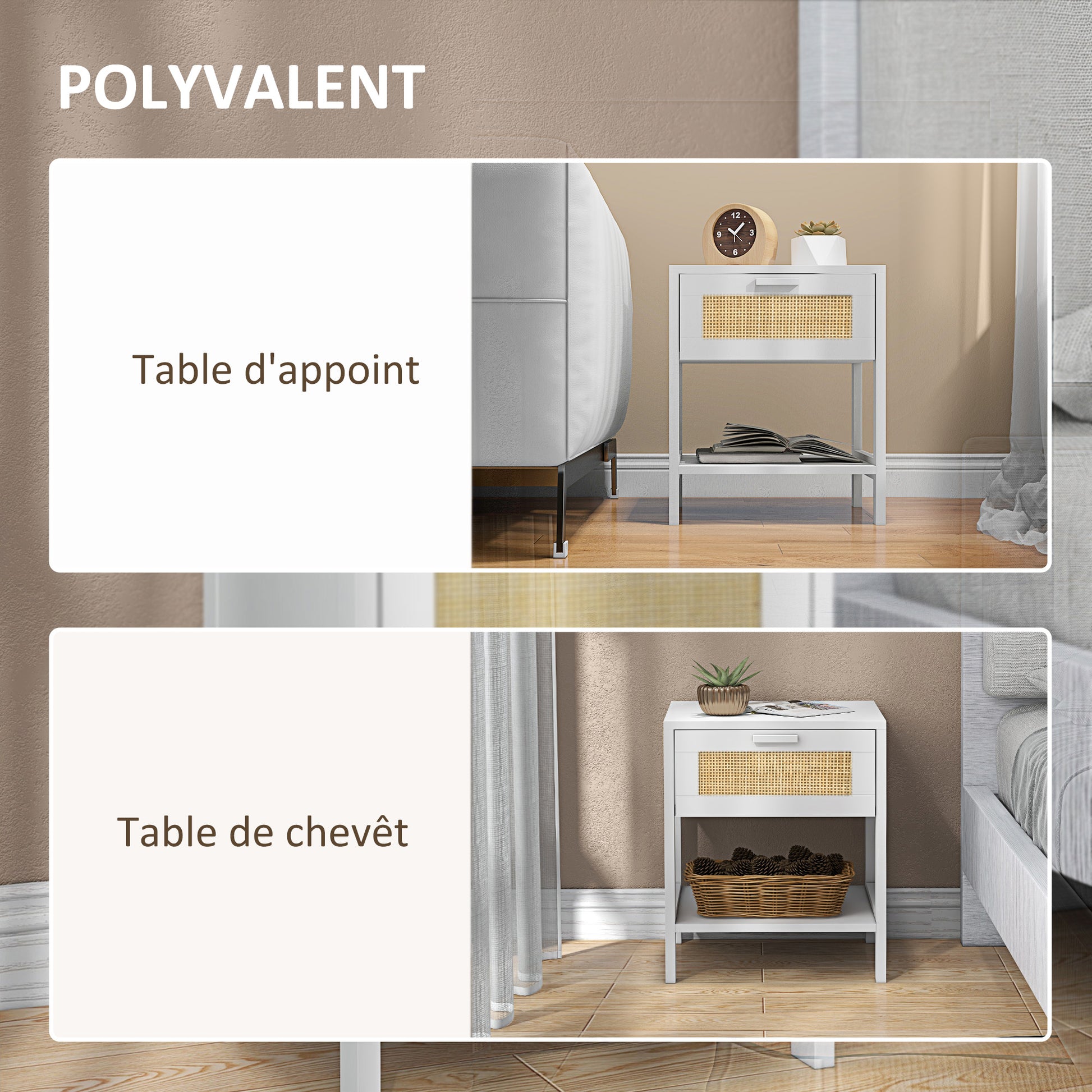 Bedside Table Nightstand with Drawer and Shelf, Rattan Cane, Dim. 40L x 40W x 48H cm White