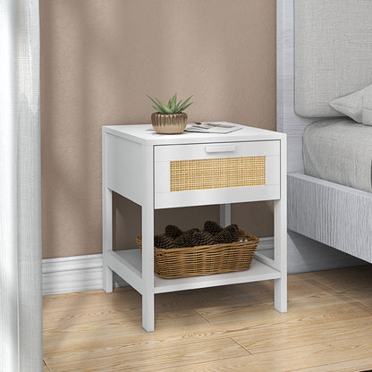 Bedside Table Nightstand with Drawer and Shelf, Rattan Cane, Dim. 40L x 40W x 48H cm White