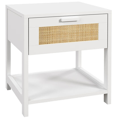 Bedside Table Nightstand with Drawer and Shelf, Rattan Cane, Dim. 40L x 40W x 48H cm White