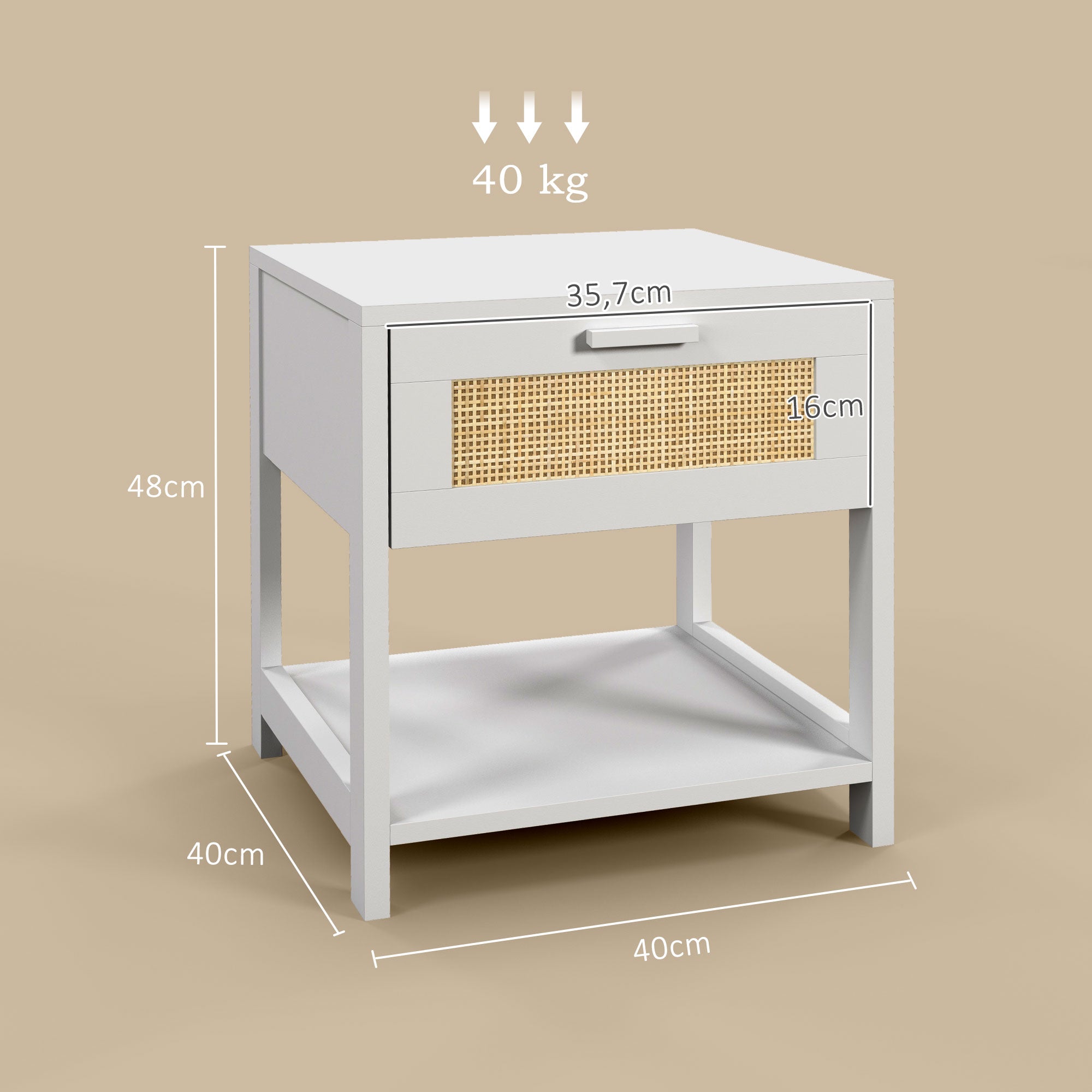 Bedside Table Nightstand with Drawer and Shelf, Rattan Cane, Dim. 40L x 40W x 48H cm White
