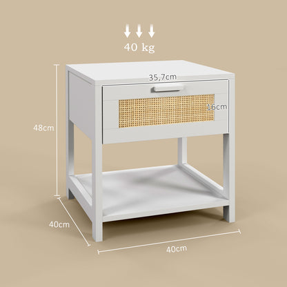 Bedside Table Nightstand with Drawer and Shelf, Rattan Cane, Dim. 40L x 40W x 48H cm White