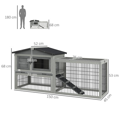Rabbit Hutch 2 Levels Rabbit Hutch Made of Fir Wood Winterproof Double Deck House with Outdoor Run Ramp 150x52x68 cm Rabbit Cage Outdoor Small Animal Hutch for Rabbits Guinea Pigs Gray