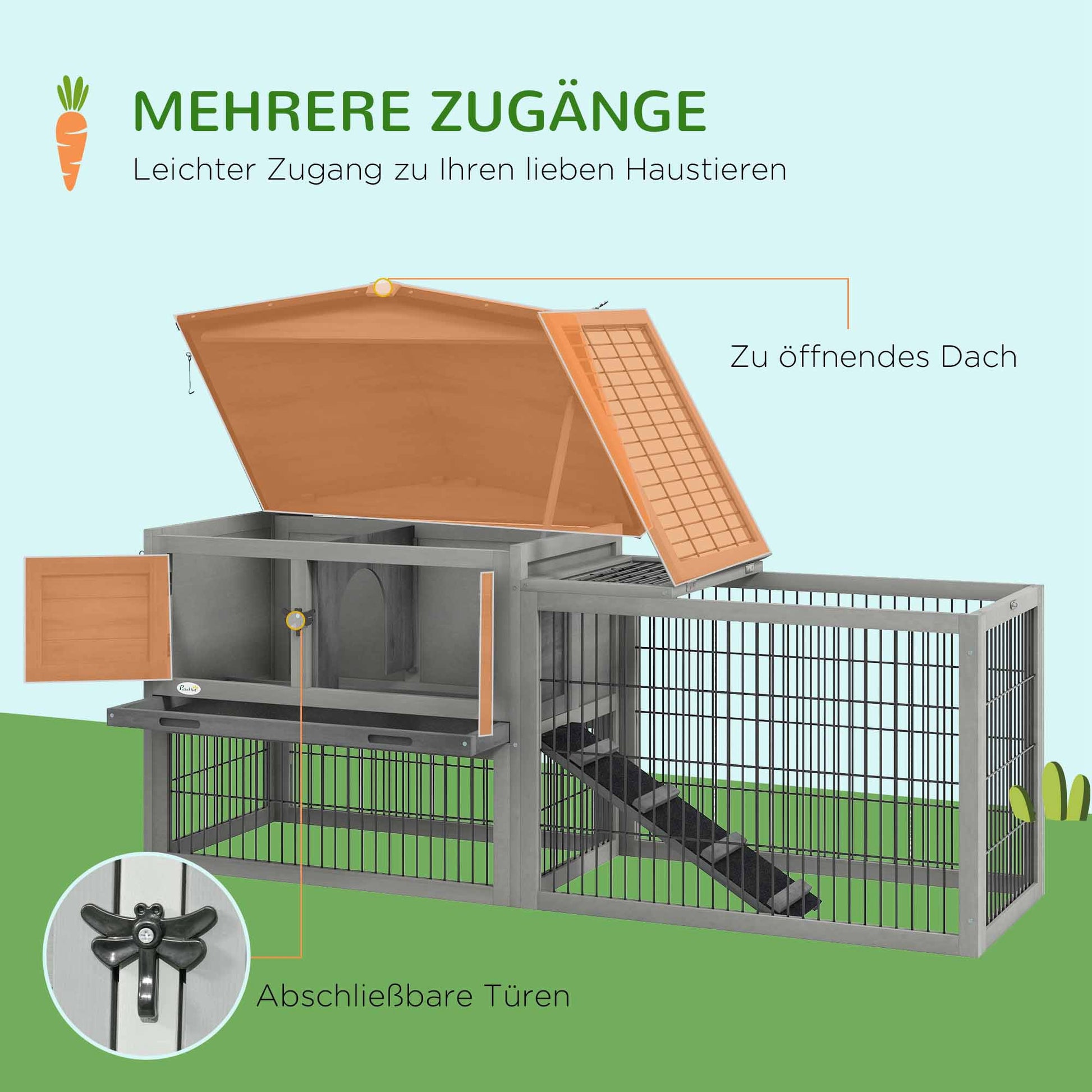 Rabbit Hutch 2 Levels Rabbit Hutch Made of Fir Wood Winterproof Double Deck House with Outdoor Run Ramp 150x52x68 cm Rabbit Cage Outdoor Small Animal Hutch for Rabbits Guinea Pigs Gray