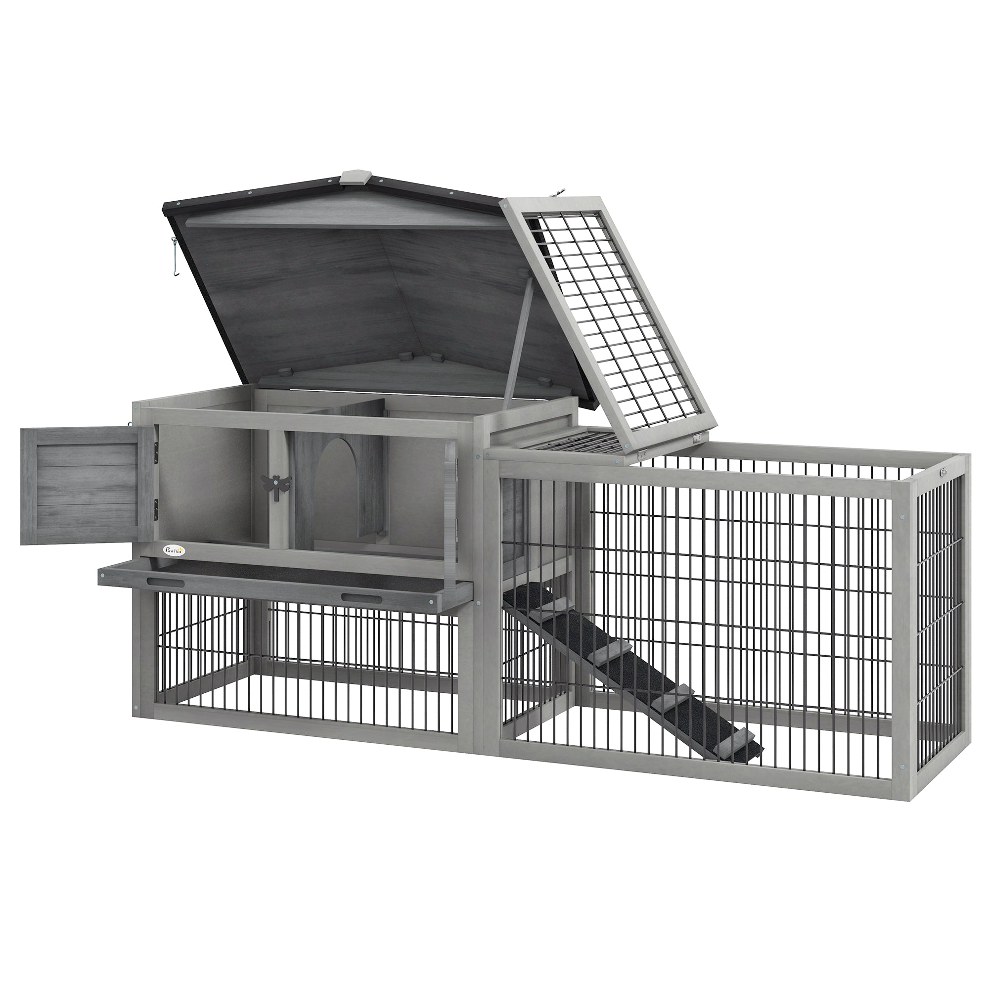 Rabbit Hutch 2 Levels Rabbit Hutch Made of Fir Wood Winterproof Double Deck House with Outdoor Run Ramp 150x52x68 cm Rabbit Cage Outdoor Small Animal Hutch for Rabbits Guinea Pigs Gray
