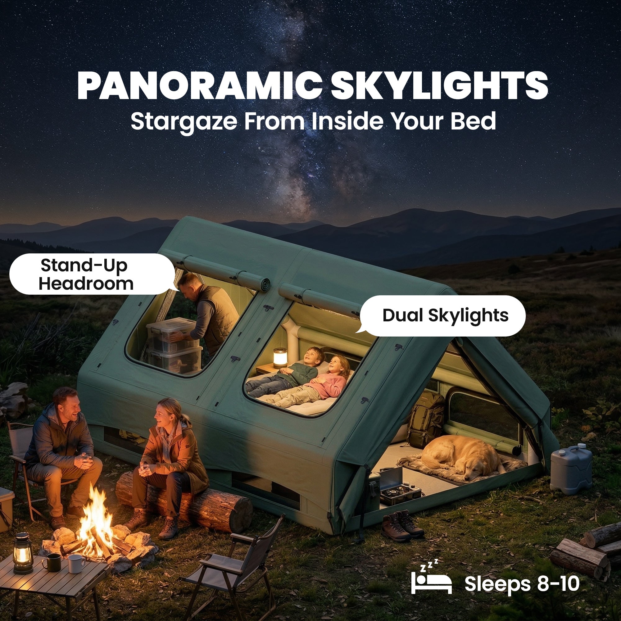 Inflatable Tent for 8–10 People — Fast Setup, 4-Season Waterproof Glamping Tent with Stove Port, Skylights, AC/Cable Entry, Oxford Fabric
