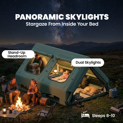 Inflatable Tent for 8–10 People — Fast Setup, 4-Season Waterproof Glamping Tent with Stove Port, Skylights, AC/Cable Entry, Oxford Fabric