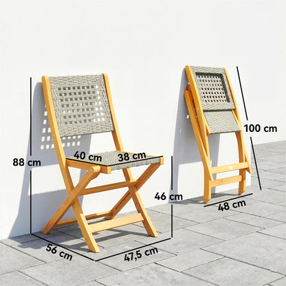 Garden Chairs 2-Pack — FSC Folding Acacia Chairs with Breathable Seat, Solid Wood & Polyrattan Balcony Set, Gray