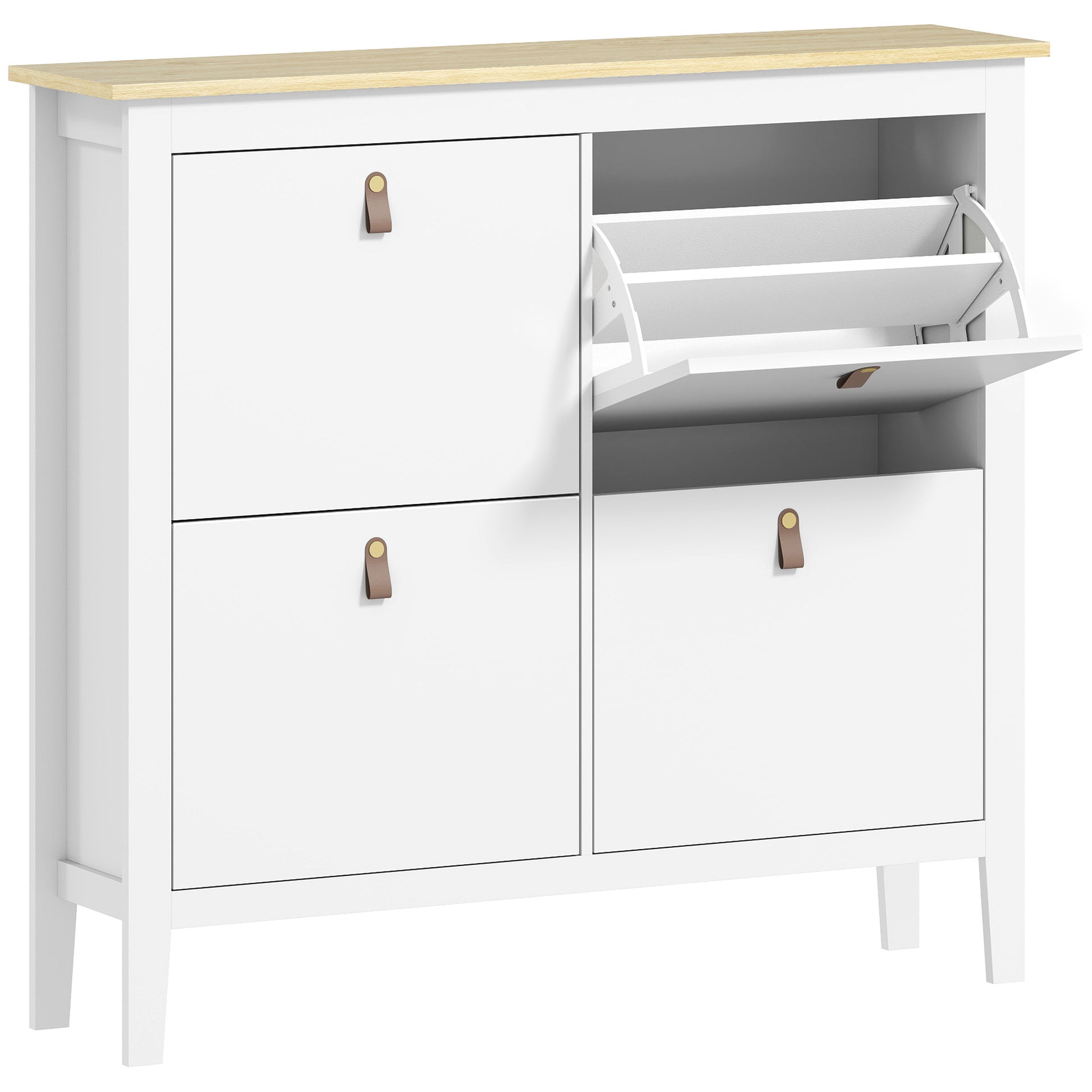 Narrow Shoe Cabinet Shoe Rack for Entryway with 4 Flip Drawers Adjustable Shelves and PU Handles for 20 Pairs of Shoes for Hallway 105x24x95.5 cm White