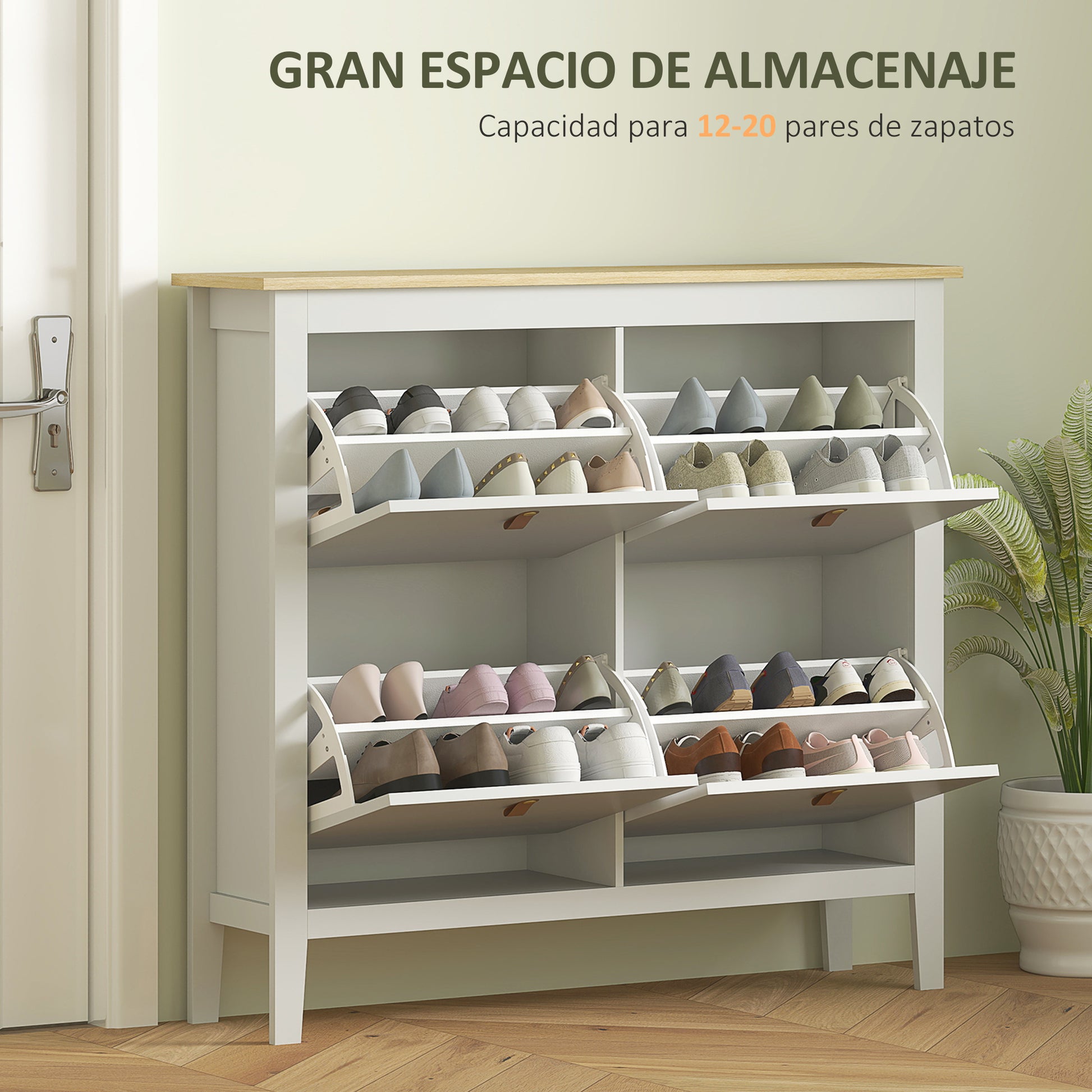 Narrow Shoe Cabinet Shoe Rack for Entryway with 4 Flip Drawers Adjustable Shelves and PU Handles for 20 Pairs of Shoes for Hallway 105x24x95.5 cm White