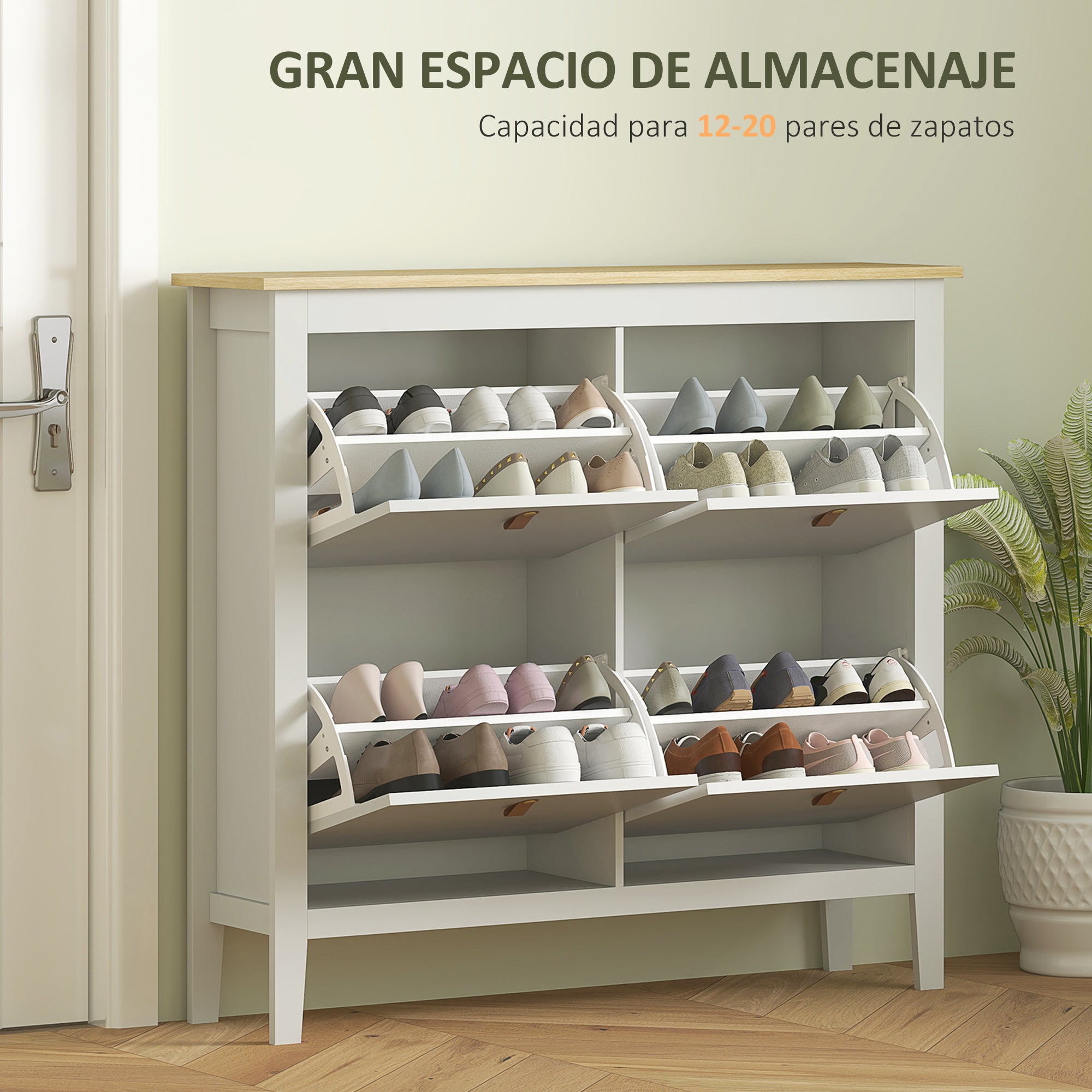 Narrow Shoe Cabinet Shoe Rack for Entryway with 4 Flip Drawers Adjustable Shelves and PU Handles for 20 Pairs of Shoes for Hallway 105x24x95.5 cm White