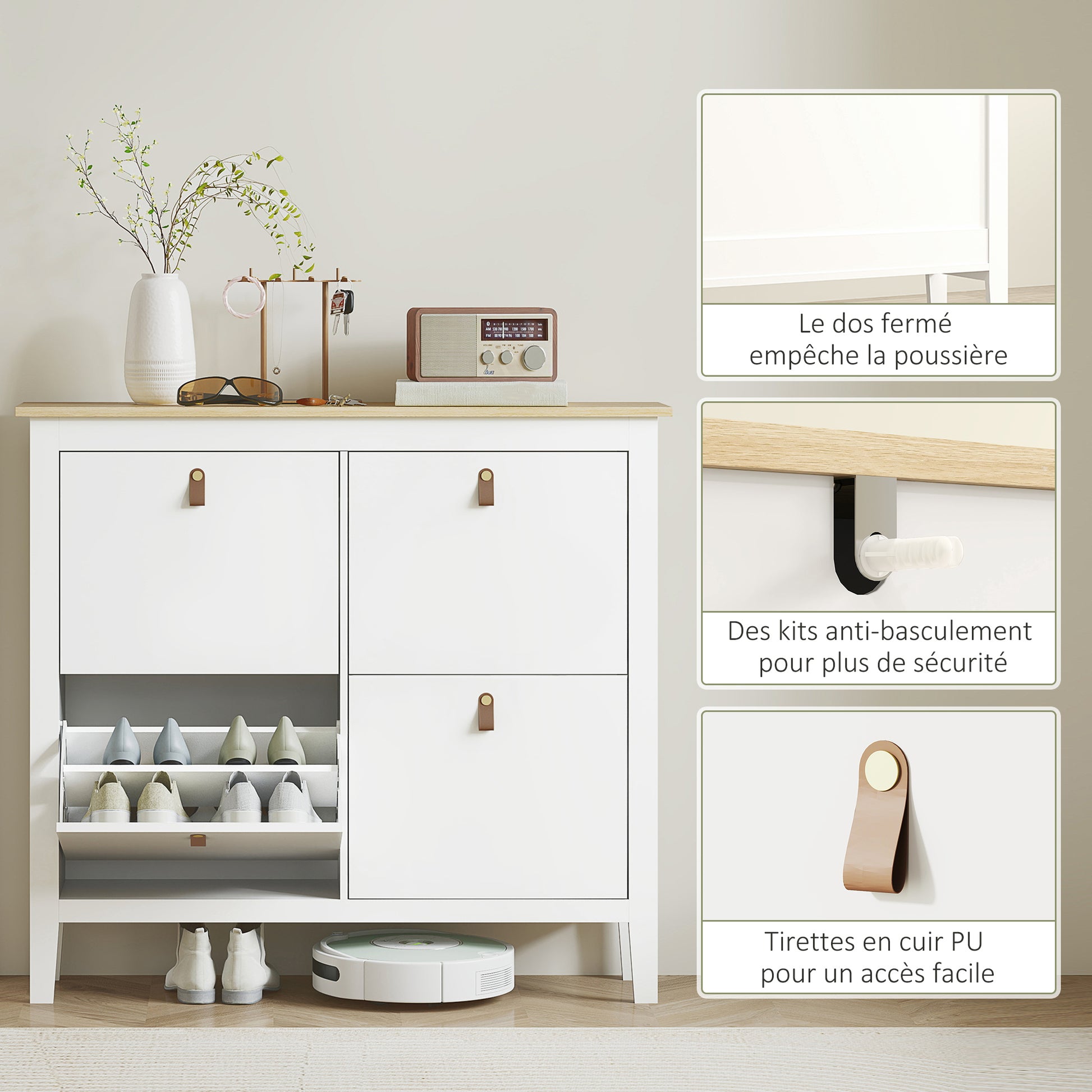 Narrow Shoe Cabinet Shoe Rack for Entryway with 4 Flip Drawers Adjustable Shelves and PU Handles for 20 Pairs of Shoes for Hallway 105x24x95.5 cm White