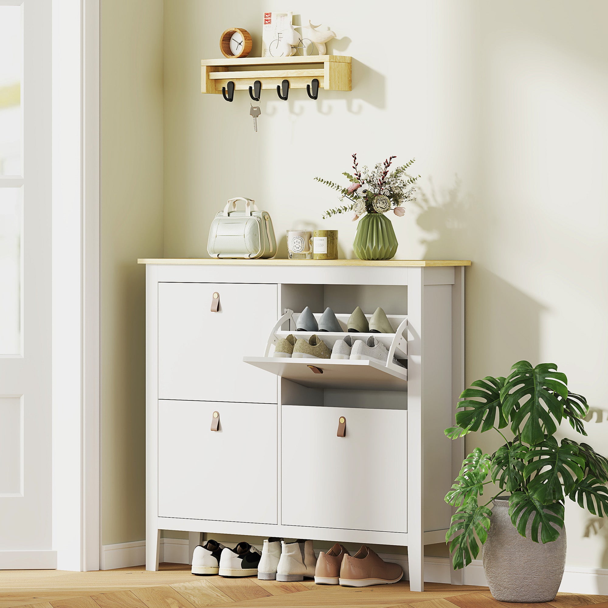 Narrow Shoe Cabinet Shoe Rack for Entryway with 4 Flip Drawers Adjustable Shelves and PU Handles for 20 Pairs of Shoes for Hallway 105x24x95.5 cm White