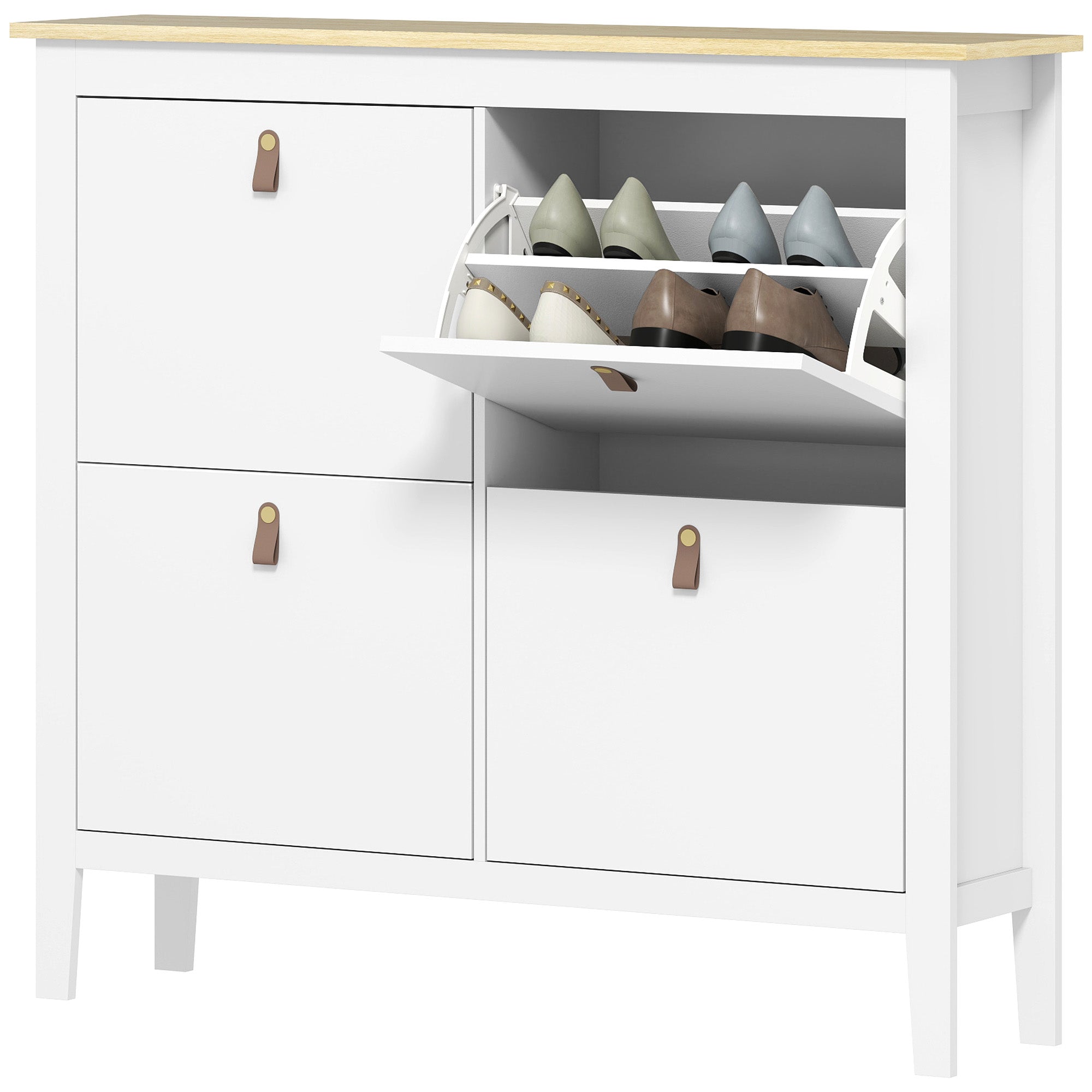 Narrow Shoe Cabinet Shoe Rack for Entryway with 4 Flip Drawers Adjustable Shelves and PU Handles for 20 Pairs of Shoes for Hallway 105x24x95.5 cm White