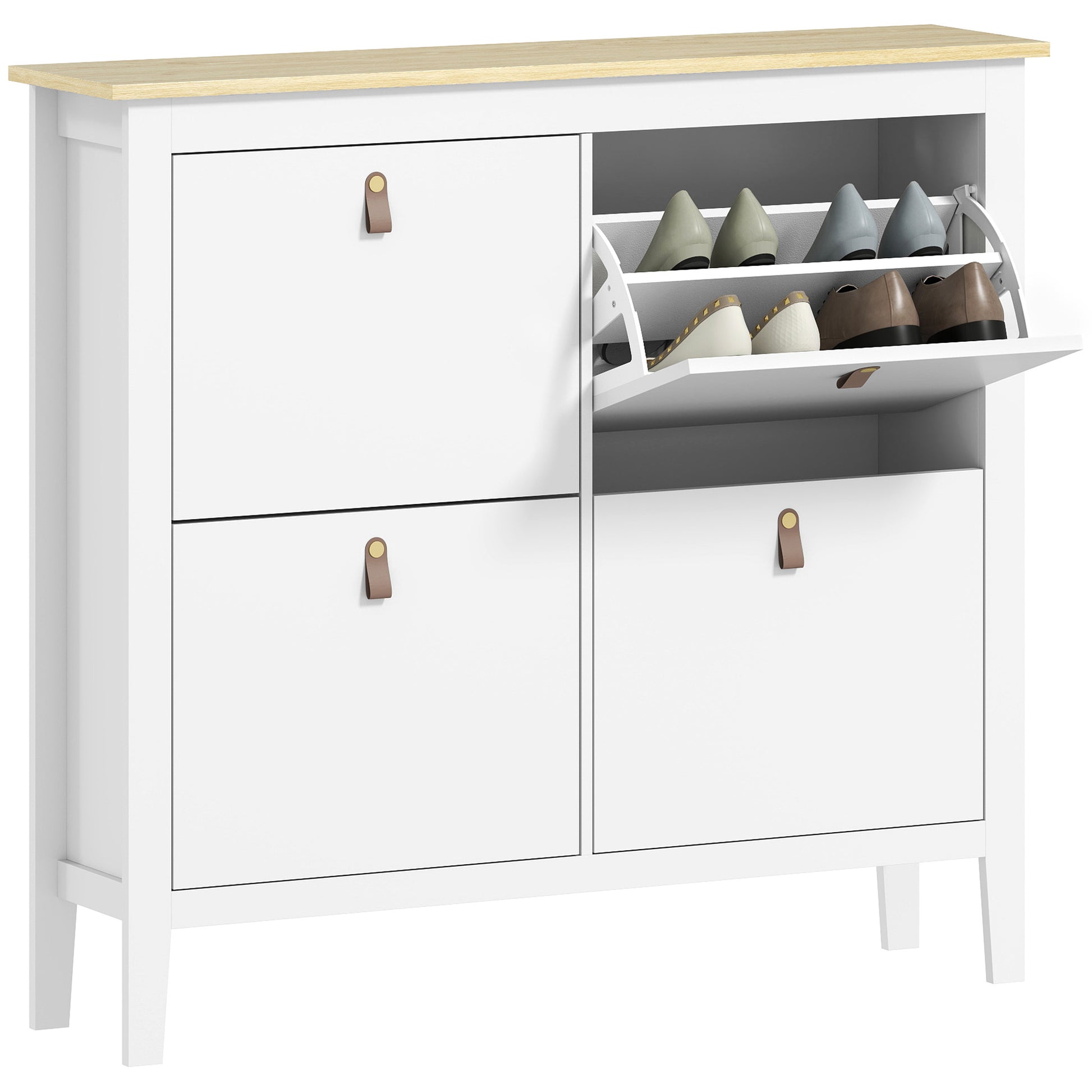 Narrow Shoe Cabinet Shoe Rack for Entryway with 4 Flip Drawers Adjustable Shelves and PU Handles for 20 Pairs of Shoes for Hallway 105x24x95.5 cm White