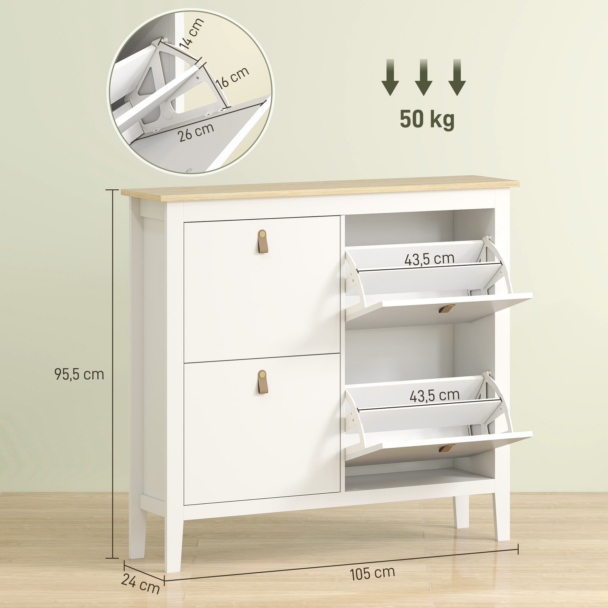 Narrow Shoe Cabinet Shoe Rack for Entryway with 4 Flip Drawers Adjustable Shelves and PU Handles for 20 Pairs of Shoes for Hallway 105x24x95.5 cm White