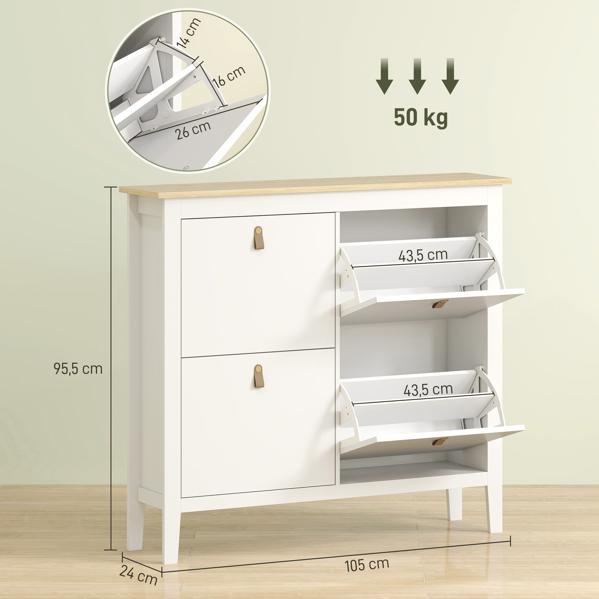 Narrow Shoe Cabinet Shoe Rack for Entryway with 4 Flip Drawers Adjustable Shelves and PU Handles for 20 Pairs of Shoes for Hallway 105x24x95.5 cm White