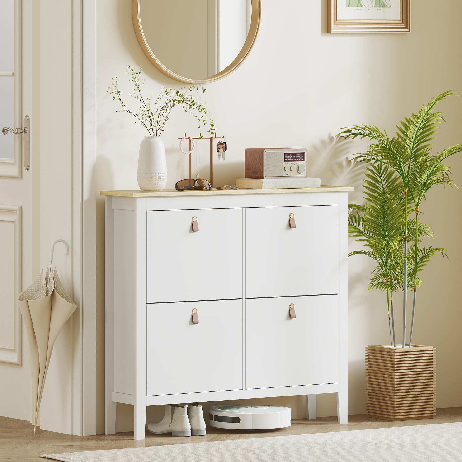 Narrow Shoe Cabinet Shoe Rack for Entryway with 4 Flip Drawers Adjustable Shelves and PU Handles for 20 Pairs of Shoes for Hallway 105x24x95.5 cm White