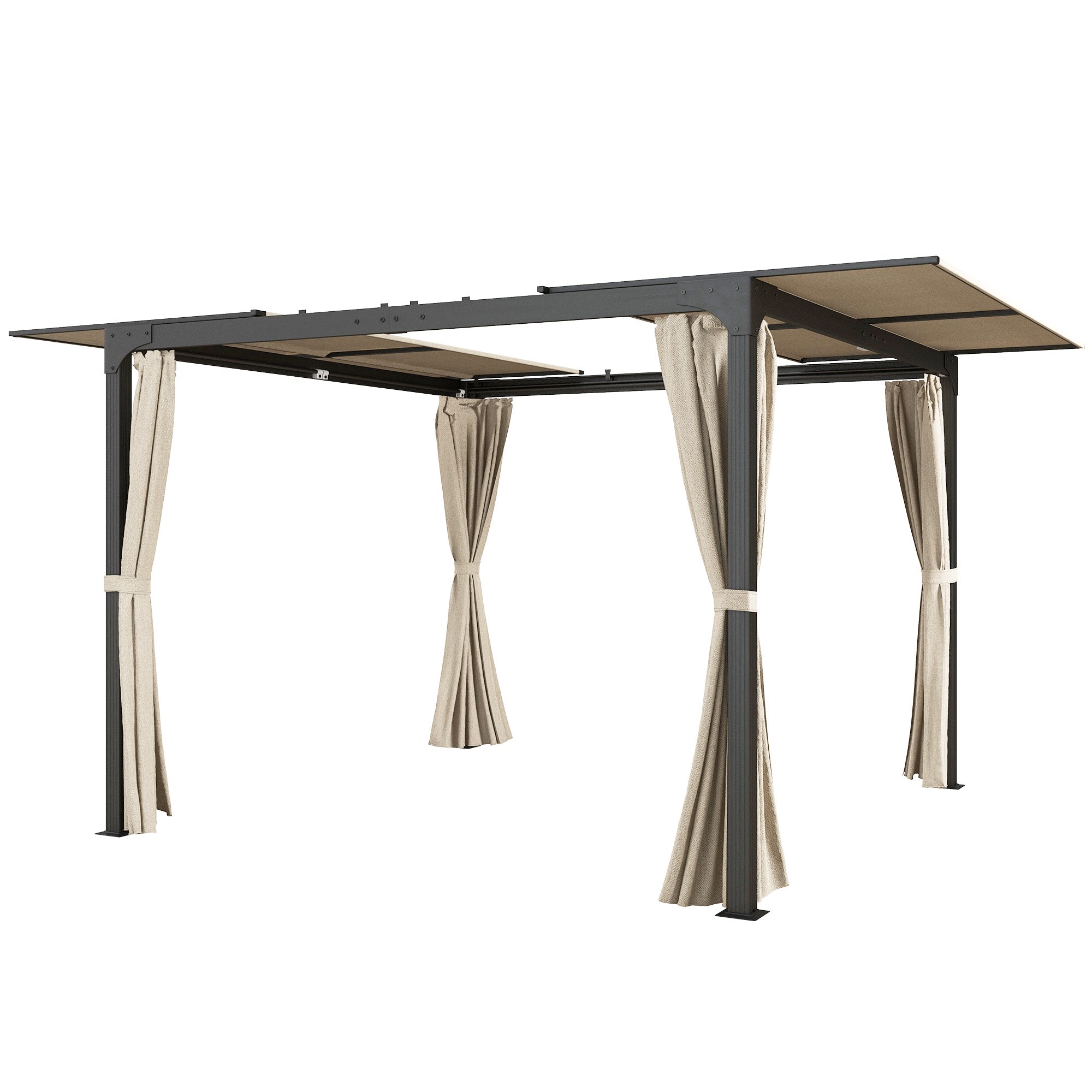 Aluminum Pergola 4.2x3 m Garden Gazebo with Sliding Roof 4 Side Walls and Drainage Holes Pavilion for Patio Terrace Beige and Black