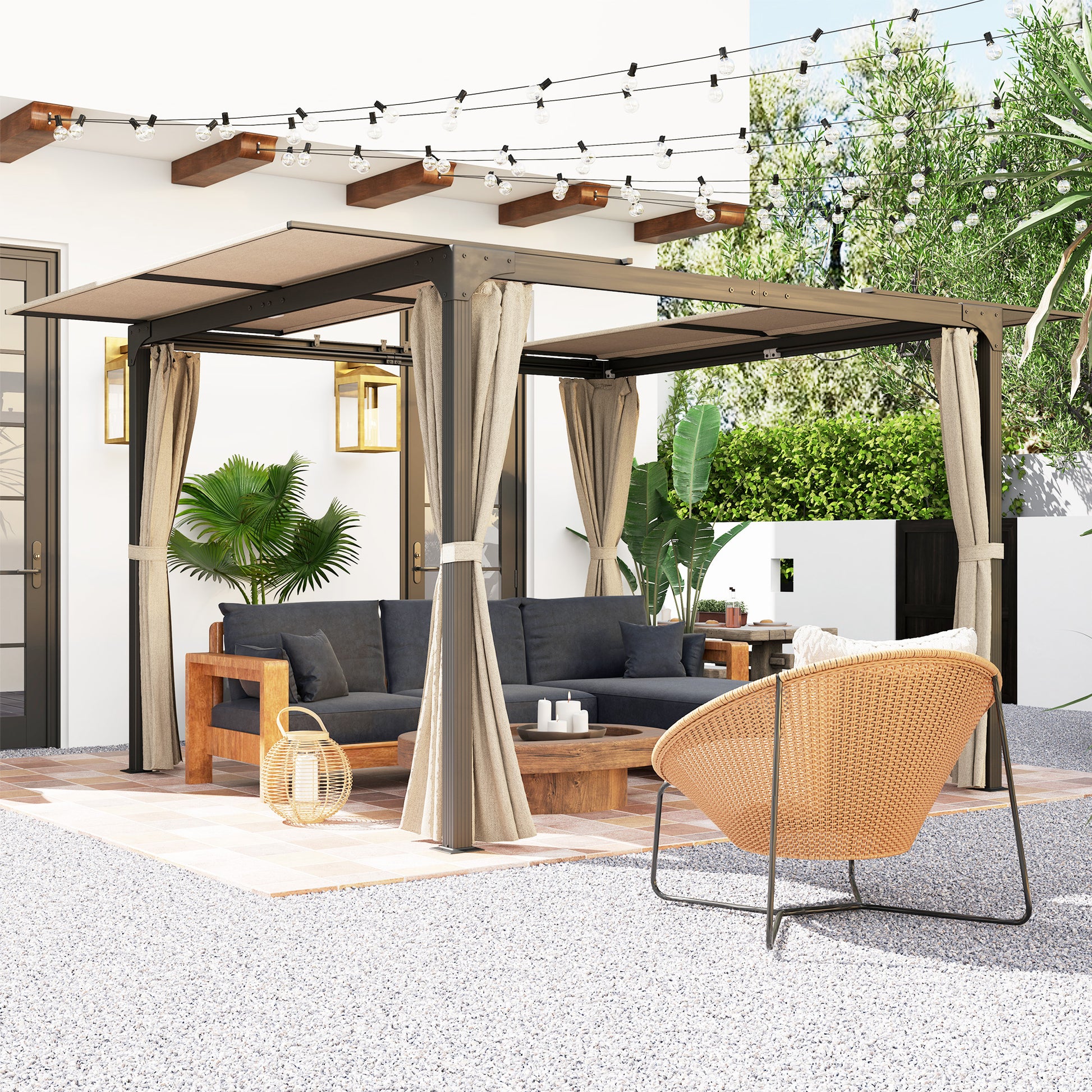 Aluminum Pergola 4.2x3 m Garden Gazebo with Sliding Roof 4 Side Walls and Drainage Holes Pavilion for Patio Terrace Beige and Black