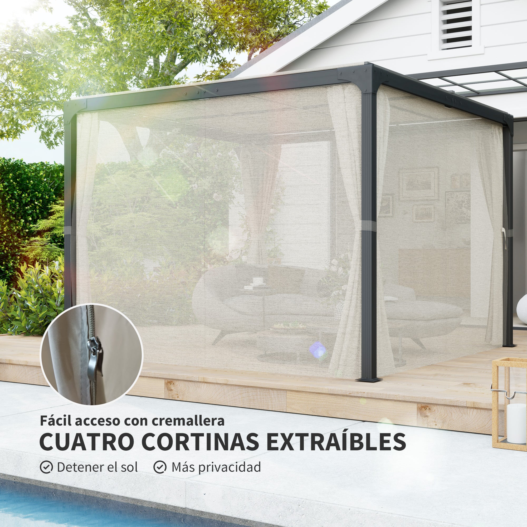 Aluminum Pergola 4.2x3 m Garden Gazebo with Sliding Roof 4 Side Walls and Drainage Holes Pavilion for Patio Terrace Beige and Black