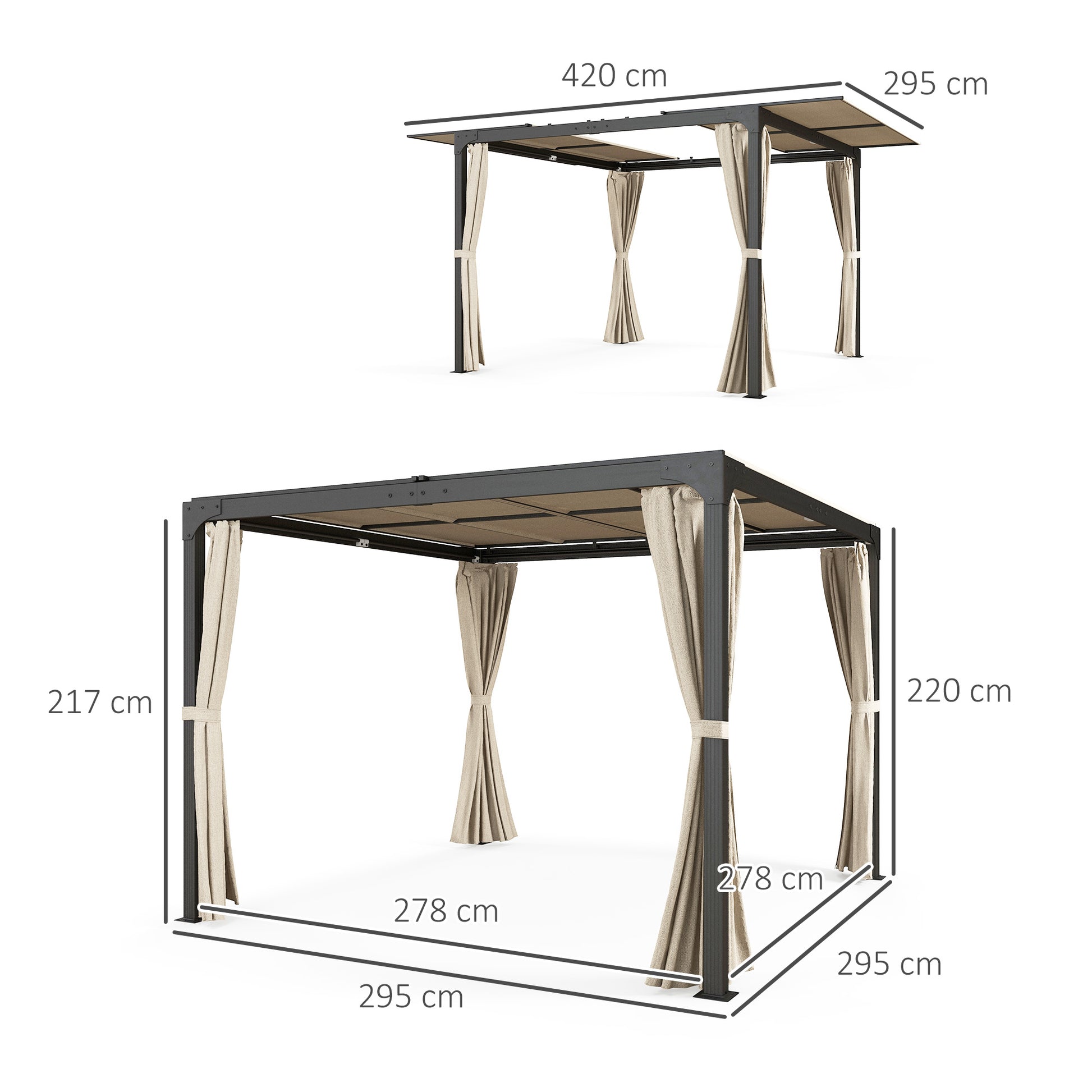 Aluminum Pergola 4.2x3 m Garden Gazebo with Sliding Roof 4 Side Walls and Drainage Holes Pavilion for Patio Terrace Beige and Black