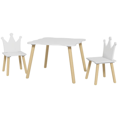 3-Piece Children's Table and Chairs Set Children's Table with 2 Chairs with Crown Backrest for Kids 3-6 Years for Playroom Bedroom Nursery White