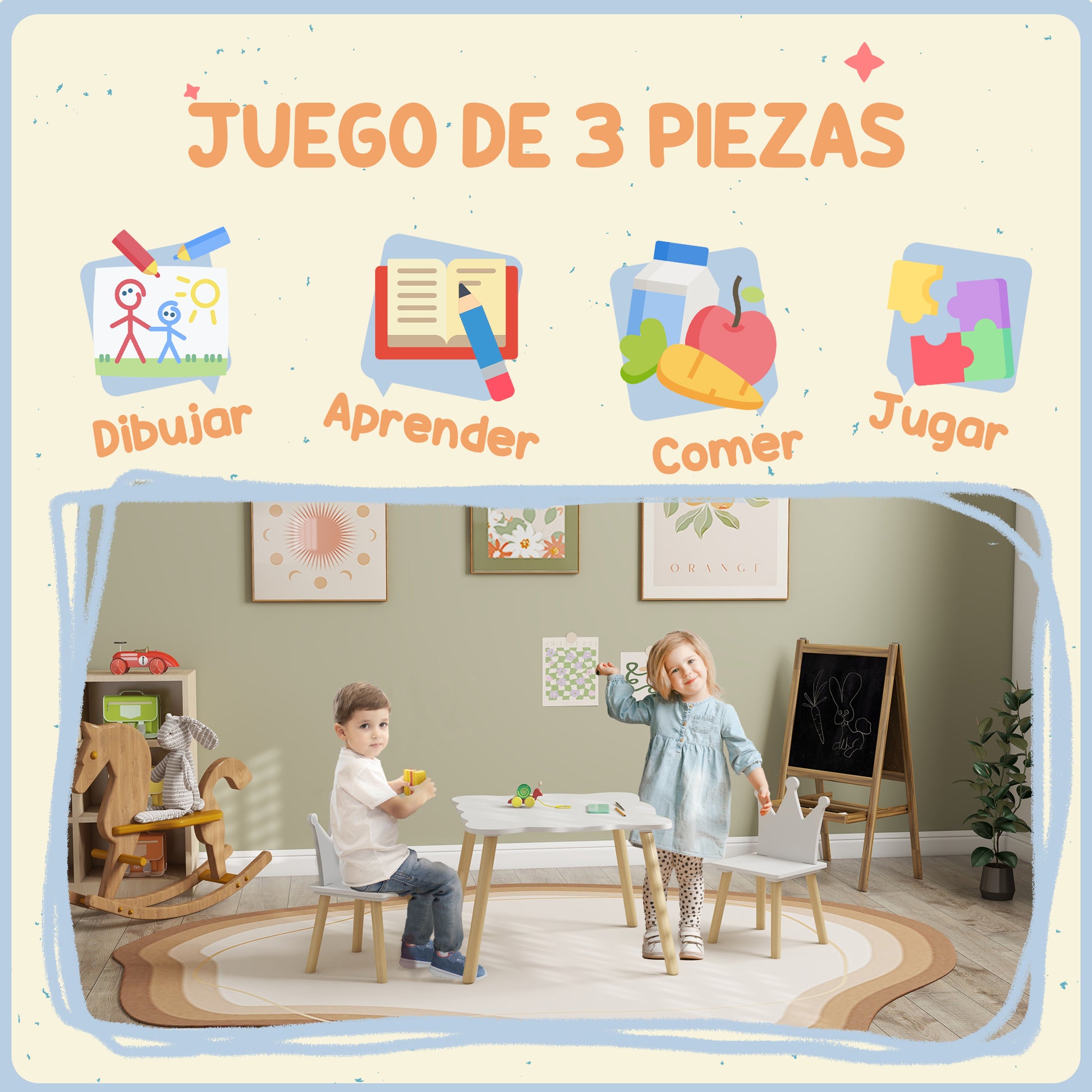 3-Piece Children's Table and Chairs Set Children's Table with 2 Chairs with Crown Backrest for Kids 3-6 Years for Playroom Bedroom Nursery White