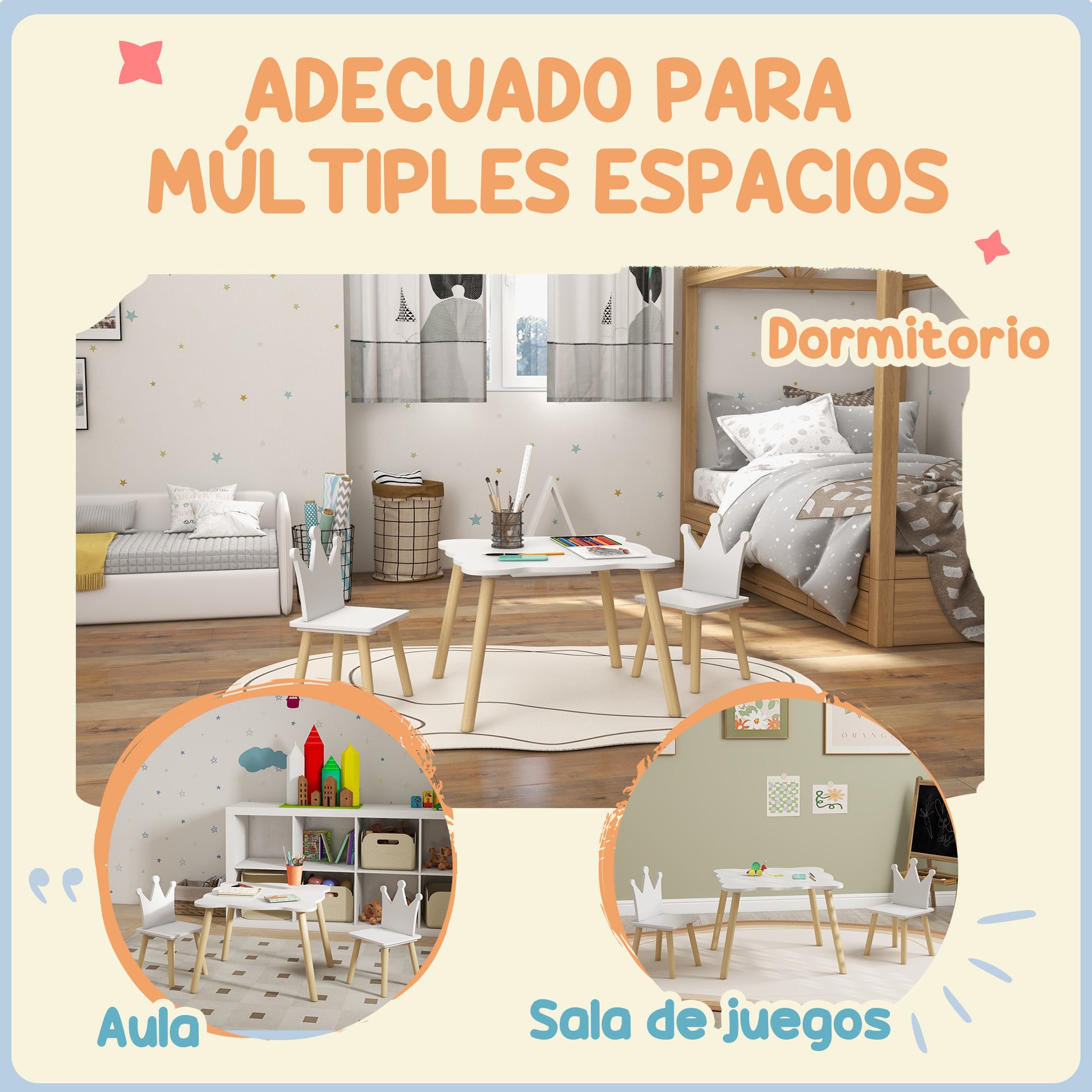 3-Piece Children's Table and Chairs Set Children's Table with 2 Chairs with Crown Backrest for Kids 3-6 Years for Playroom Bedroom Nursery White