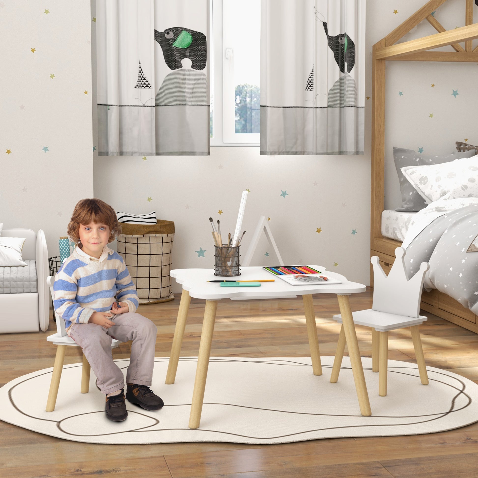 3-Piece Children's Table and Chairs Set Children's Table with 2 Chairs with Crown Backrest for Kids 3-6 Years for Playroom Bedroom Nursery White