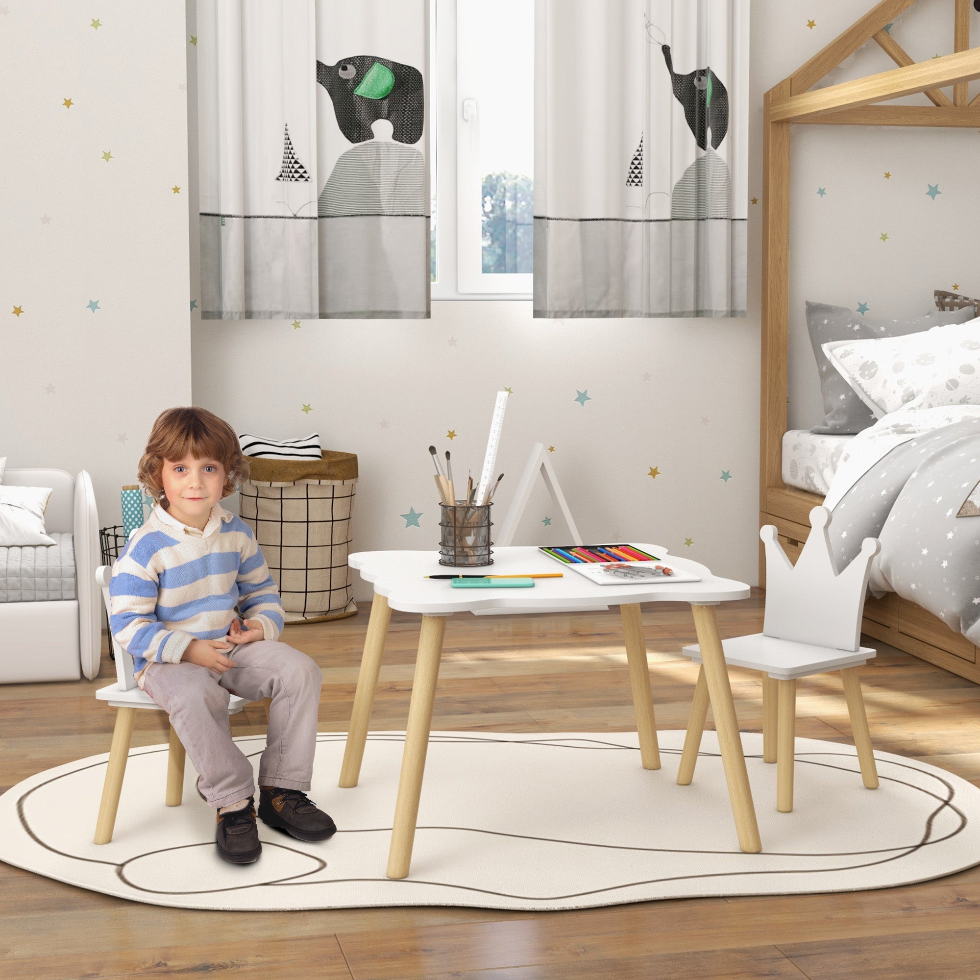 3-Piece Children's Table and Chairs Set Children's Table with 2 Chairs with Crown Backrest for Kids 3-6 Years for Playroom Bedroom Nursery White