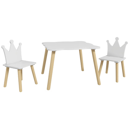 3-Piece Children's Table and Chairs Set Children's Table with 2 Chairs with Crown Backrest for Kids 3-6 Years for Playroom Bedroom Nursery White