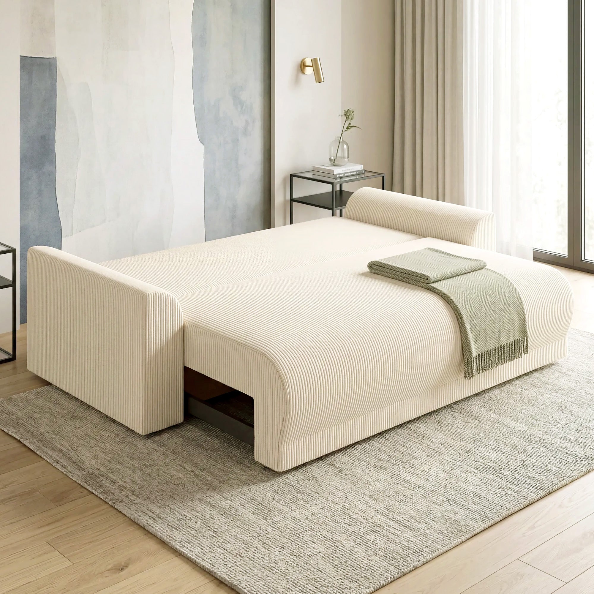 3-Seater Sofa Bed with Storage, Wide Deep Seat & 9 Cushions, Corduroy - Beige (Converts to 74.8" x 59.1" Bed)