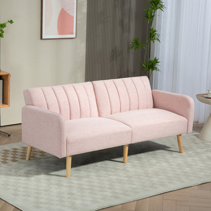 2-Seater Modern Sofa Bed 173x75x73 cm Foldable Sofa Bed Upholstered in Synthetic Linen with Adjustable 3-Level Backrest and Detachable Armrests for Living Room Office Pink
