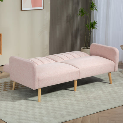 2-Seater Modern Sofa Bed 173x75x73 cm Foldable Sofa Bed Upholstered in Synthetic Linen with Adjustable 3-Level Backrest and Detachable Armrests for Living Room Office Pink