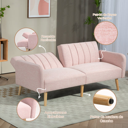 2-Seater Modern Sofa Bed 173x75x73 cm Foldable Sofa Bed Upholstered in Synthetic Linen with Adjustable 3-Level Backrest and Detachable Armrests for Living Room Office Pink