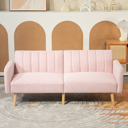 2-Seater Modern Sofa Bed 173x75x73 cm Foldable Sofa Bed Upholstered in Synthetic Linen with Adjustable 3-Level Backrest and Detachable Armrests for Living Room Office Pink