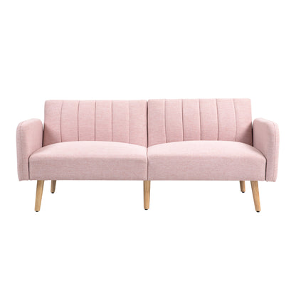 2-Seater Modern Sofa Bed 173x75x73 cm Foldable Sofa Bed Upholstered in Synthetic Linen with Adjustable 3-Level Backrest and Detachable Armrests for Living Room Office Pink