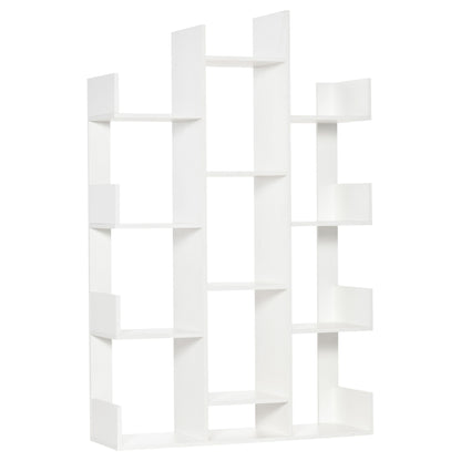 Tree Shaped Bookcase with 13 Shelves, Modern Wooden Bookshelf for Living Room, Study, Office, White