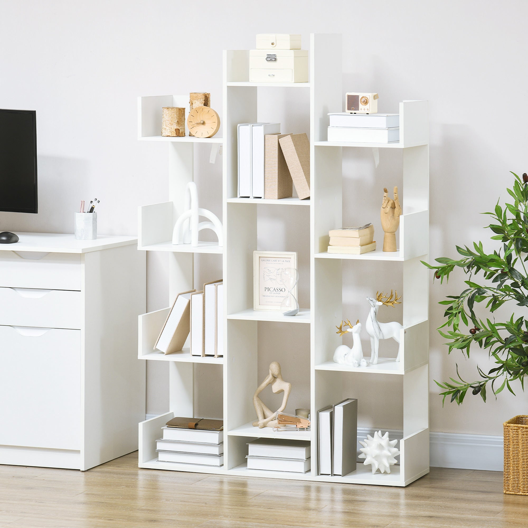 Tree Shaped Bookcase with 13 Shelves, Modern Wooden Bookshelf for Living Room, Study, Office, White