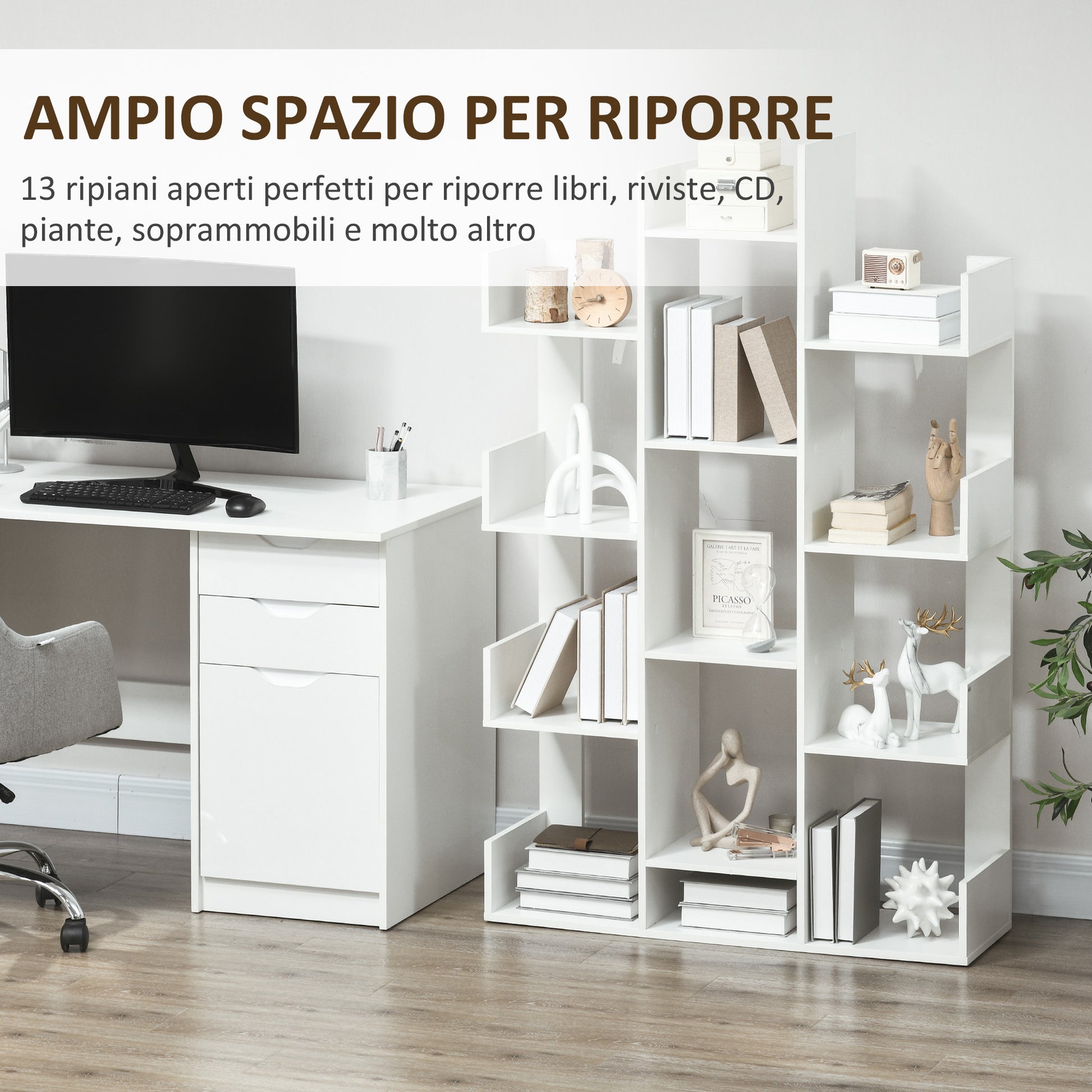 Tree Shaped Bookcase with 13 Shelves, Modern Wooden Bookshelf for Living Room, Study, Office, White
