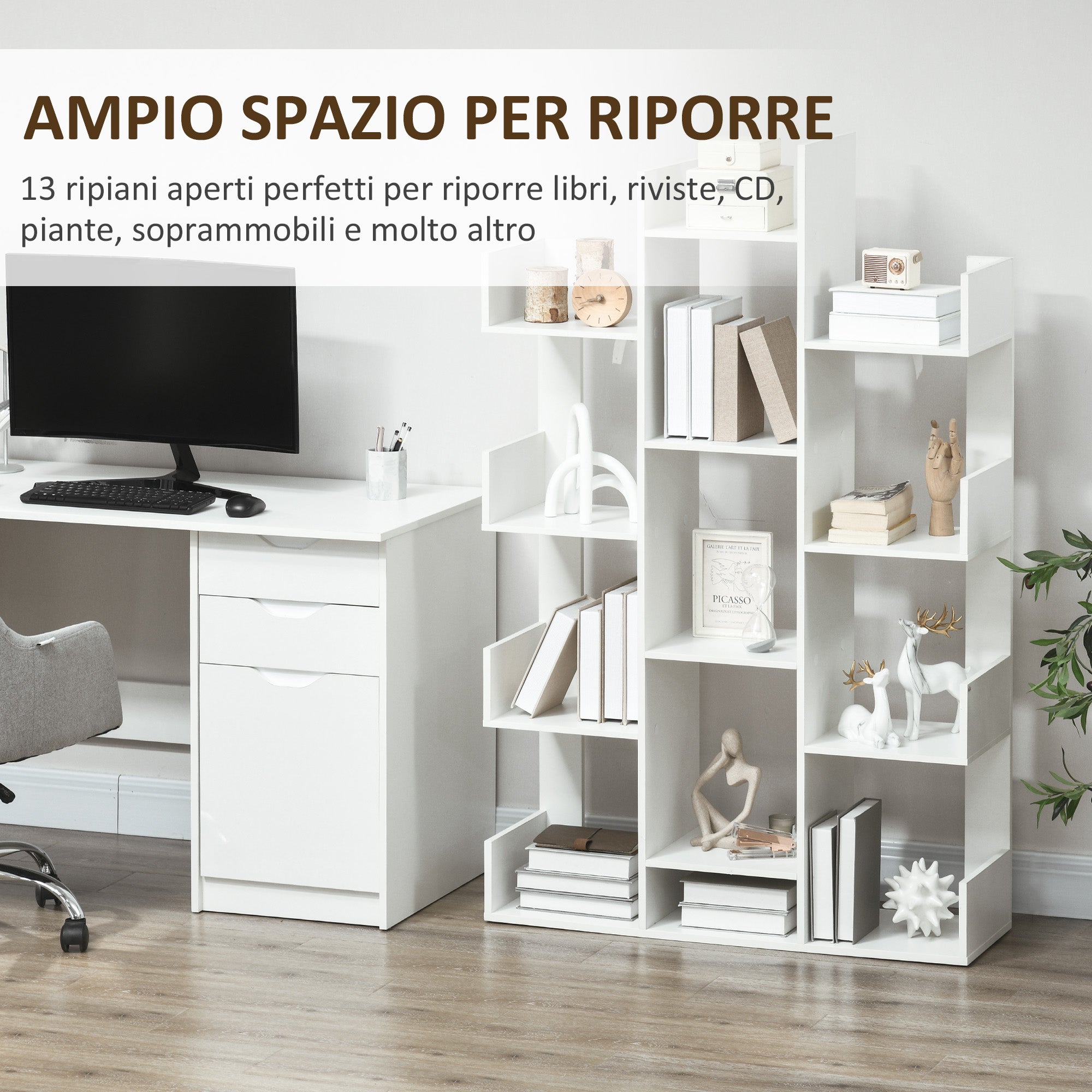 Tree Shaped Bookcase with 13 Shelves, Modern Wooden Bookshelf for Living Room, Study, Office, White