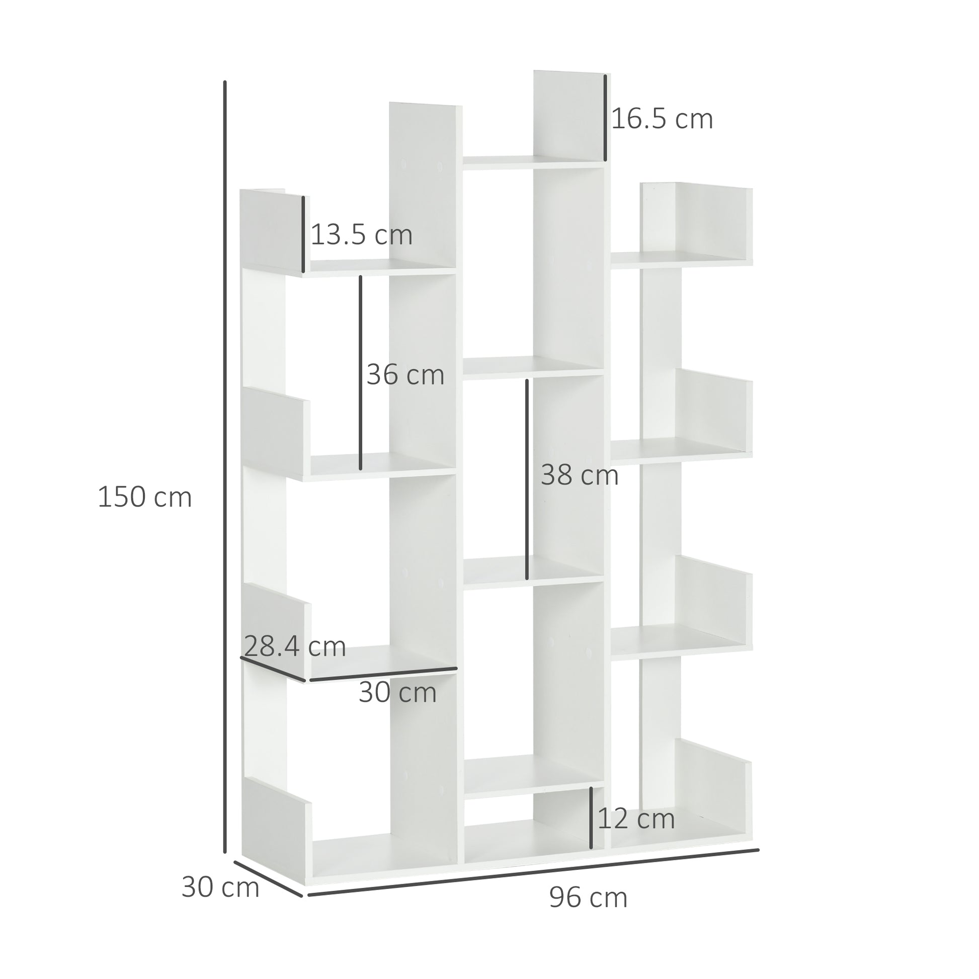 Tree Shaped Bookcase with 13 Shelves, Modern Wooden Bookshelf for Living Room, Study, Office, White
